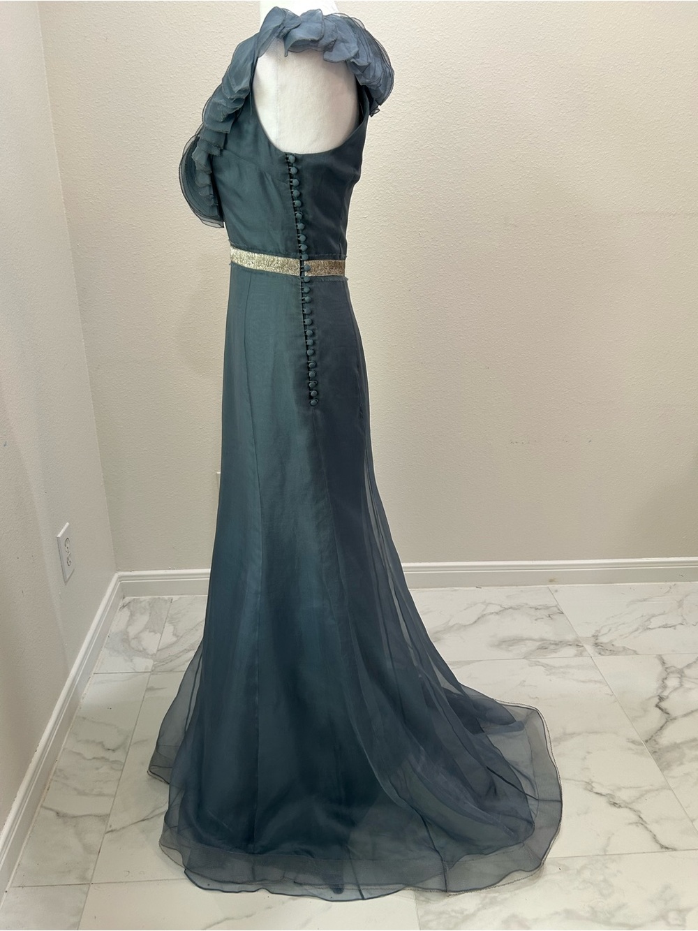 Lela Rose Slate Blue Evening Gown with Ruffled V-Neck, 100% Silk Organza Dress - Picture 6 of 15